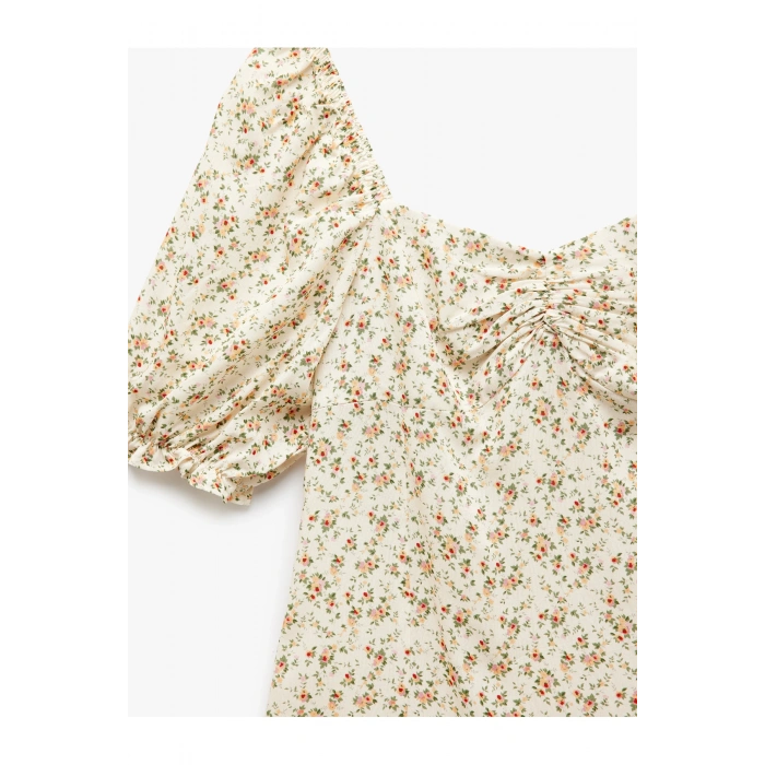 Viskon Kalp Yaka Balon Kollu Büzgülü Çiçekli Mini Elbise