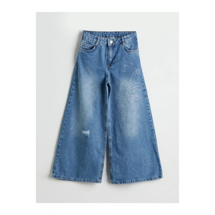 Wideleg Taşlı Kız Çocuk Jean Pantolon