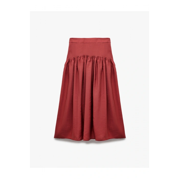 X Melis Ağazat - Büzgülü Belden Oturtma Detaylı Midi Kloş Etek