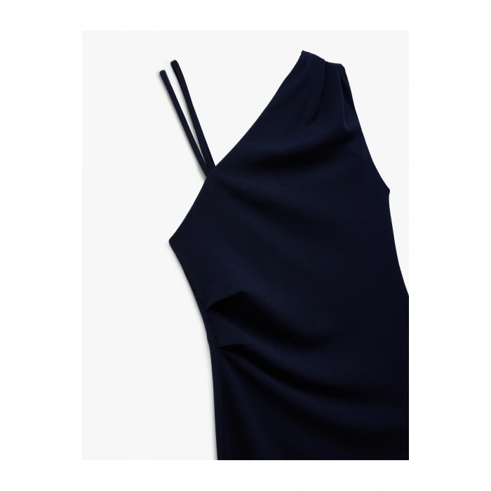 X Sima Tarkan - Krep Scuba Kumaş Drapeli Mini Tek Omuz Elbise