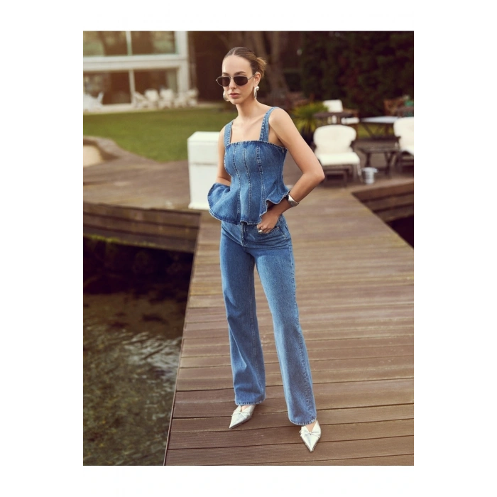 X Sima Tarkan - Pamuklu Düz Uzun Paça Normal Bel Jean Pantolon - Straight Fit Jean 5SAL4020
