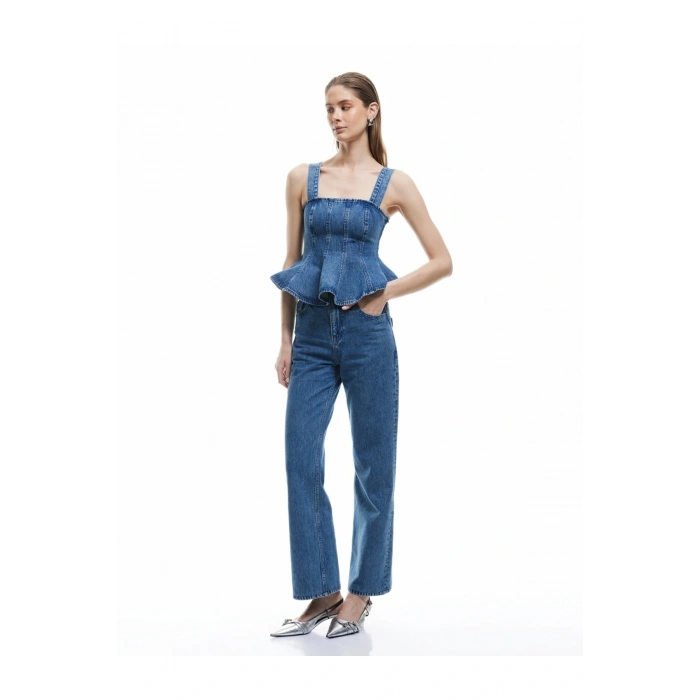X Sima Tarkan - Pamuklu Düz Uzun Paça Normal Bel Jean Pantolon - Straight Fit Jean 5SAL4020