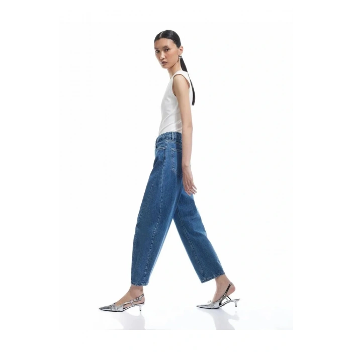 X Sima Tarkan - Rahat Kesim Yüksek Bel Düğmeli Pamuklu Barrel Jean Pantolon