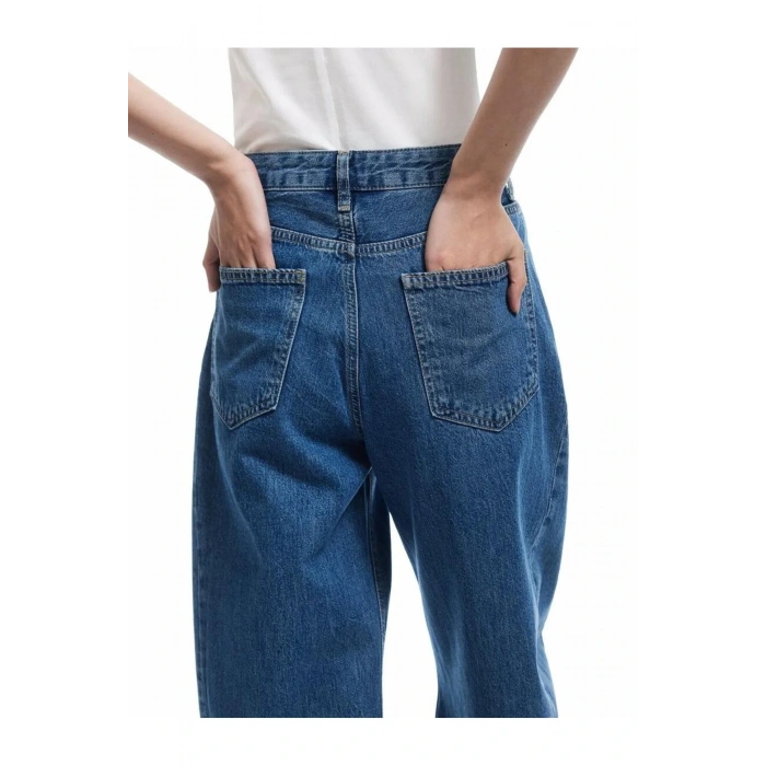 X Sima Tarkan - Rahat Kesim Yüksek Bel Düğmeli Pamuklu Barrel Jean Pantolon