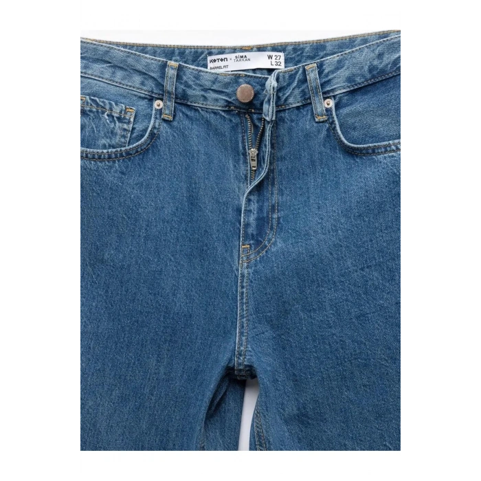 X Sima Tarkan - Rahat Kesim Yüksek Bel Düğmeli Pamuklu Barrel Jean Pantolon