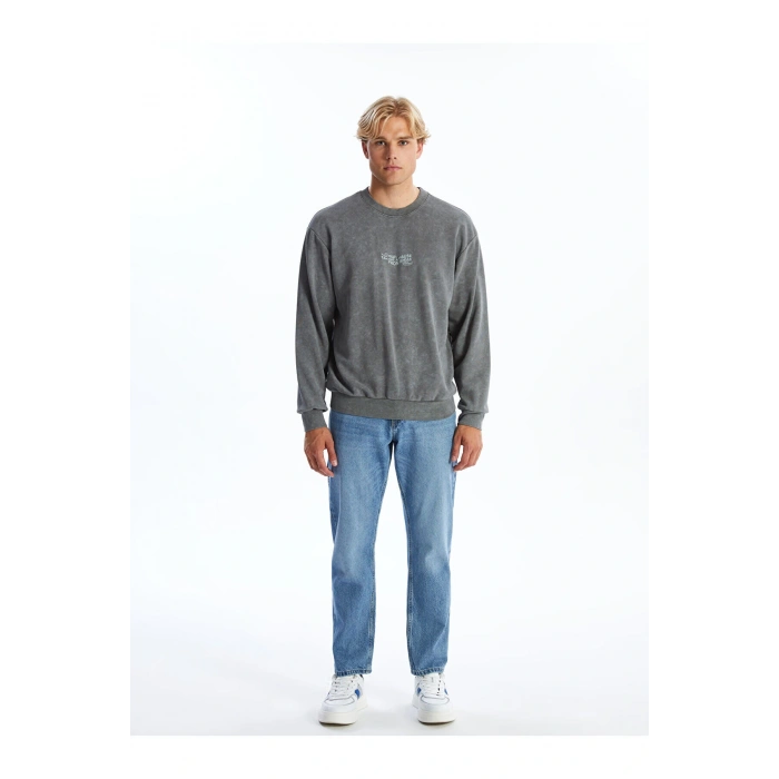 Xsıde Antrasit Bisiklet Yaka Uzun Kollu Baskılı Erkek Sweatshirt