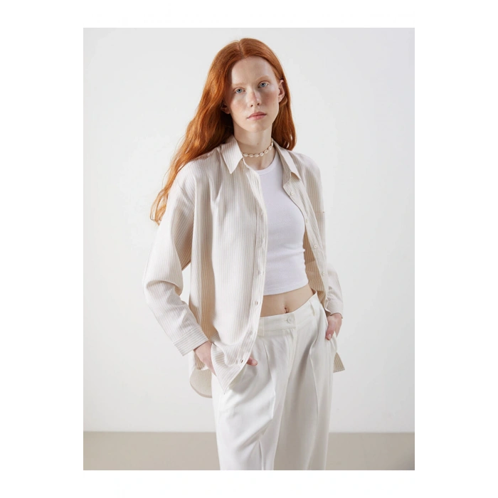 XSIDE Bej Çizgili Oversize Keten Karışımlı Kadın Gömlek