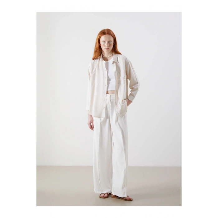 XSIDE Bej Çizgili Oversize Keten Karışımlı Kadın Gömlek