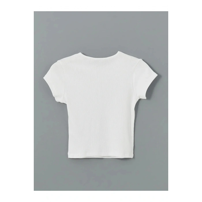 XSIDE Beyaz Bisiklet Yaka Dokulu Kadın Crop T T