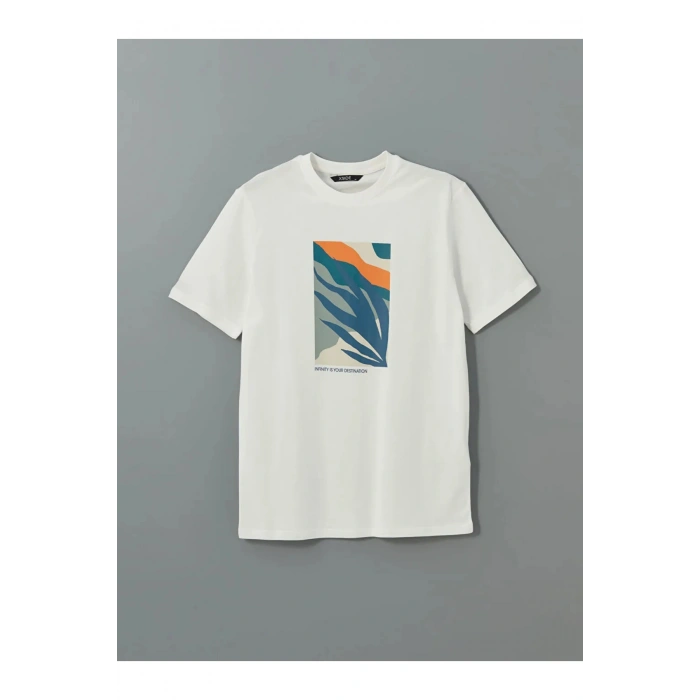 XSIDE Ekru Bisiklet Yaka Baskılı Penye Erkek Tişört