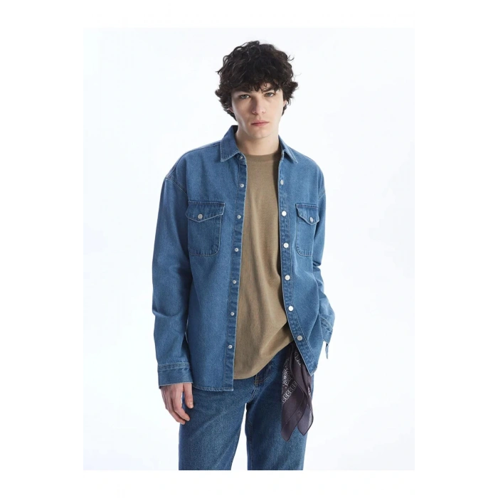 XSIDE İndigo Rahat Kalıp Uzun Kollu Erkek Jean Gömlek