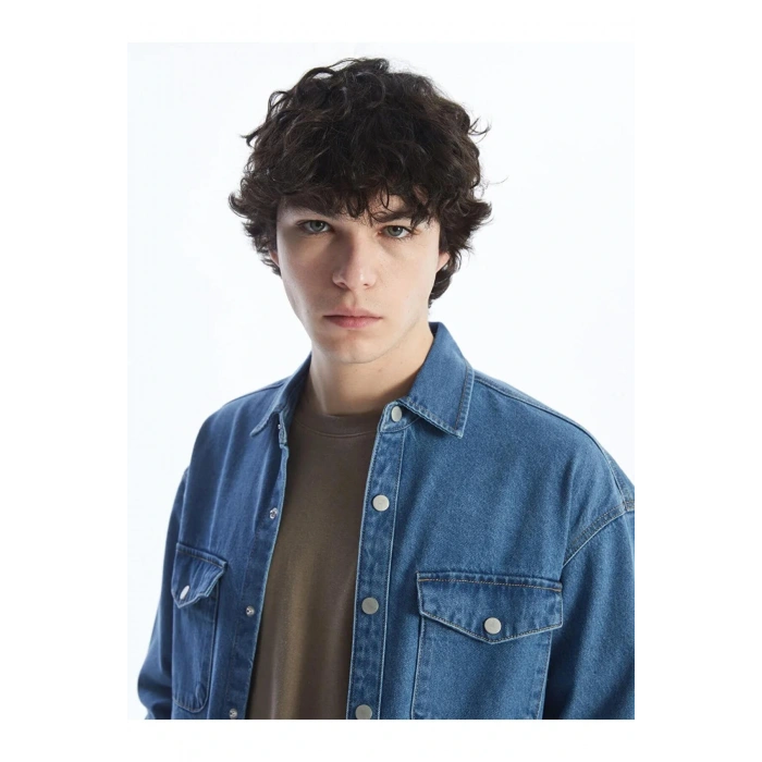 XSIDE İndigo Rahat Kalıp Uzun Kollu Erkek Jean Gömlek