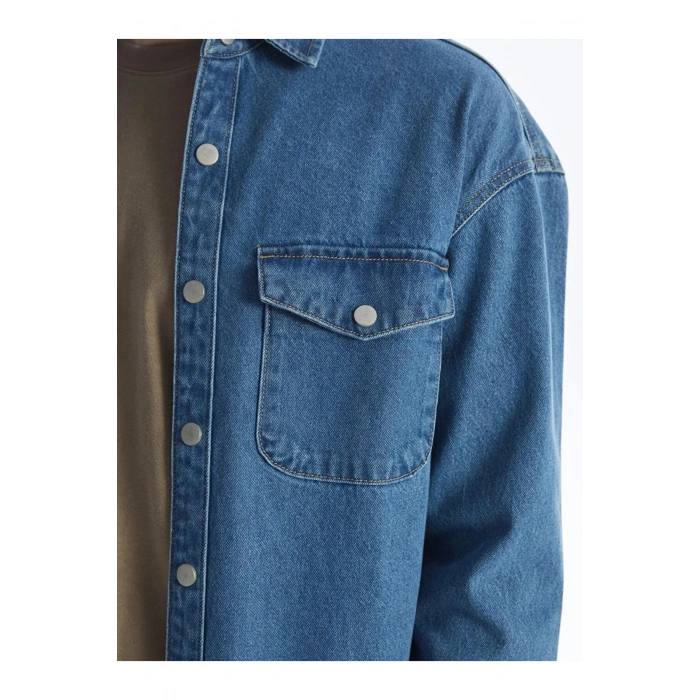 XSIDE İndigo Rahat Kalıp Uzun Kollu Erkek Jean Gömlek