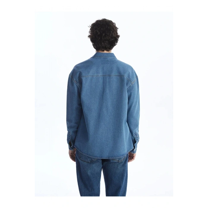 XSIDE İndigo Rahat Kalıp Uzun Kollu Erkek Jean Gömlek