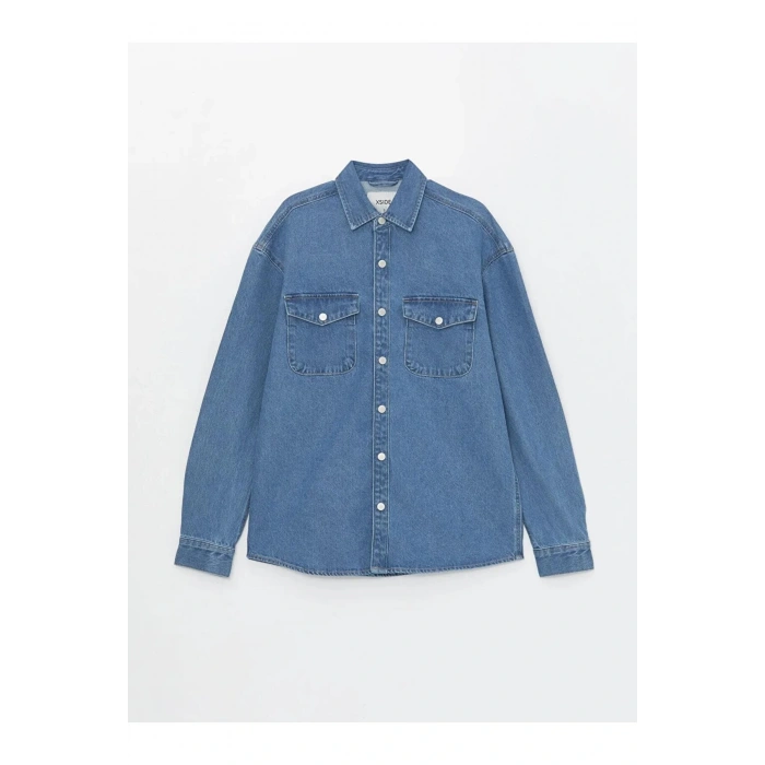 XSIDE İndigo Rahat Kalıp Uzun Kollu Erkek Jean Gömlek