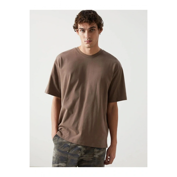 XSIDE Kahverengi Bisiklet Yaka Kısa Kollu Penye Erkek Tişört