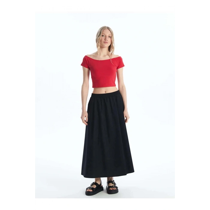 XSIDE Kırmızı Kayık Yaka Düz Kısa Kollu Kadın Crop