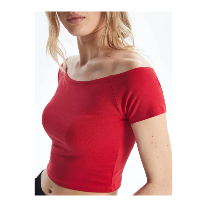 XSIDE Kırmızı Kayık Yaka Düz Kısa Kollu Kadın Crop