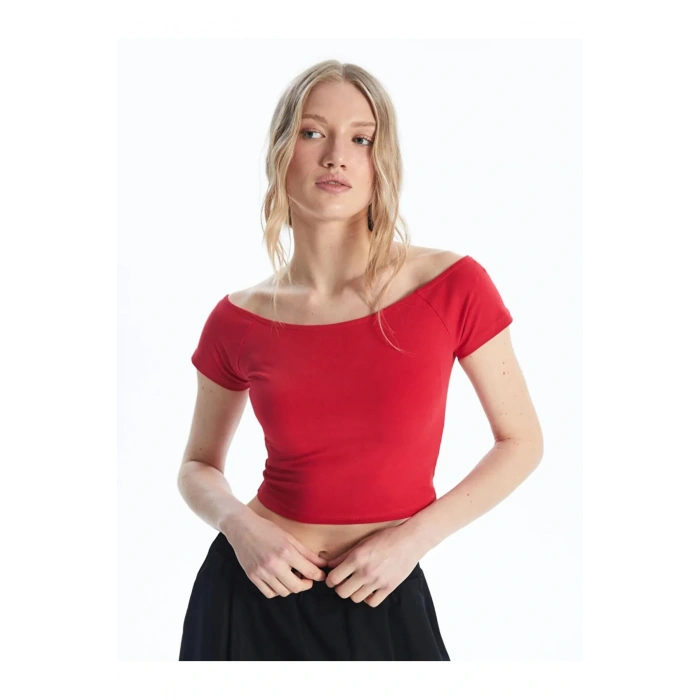 XSIDE Kırmızı Kayık Yaka Düz Kısa Kollu Kadın Crop