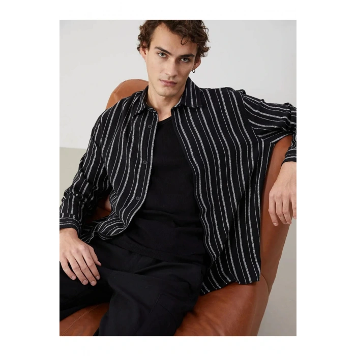 XSIDE Siyah Regular Fit Uzun Kollu Çizgili Erkek Gömlek
