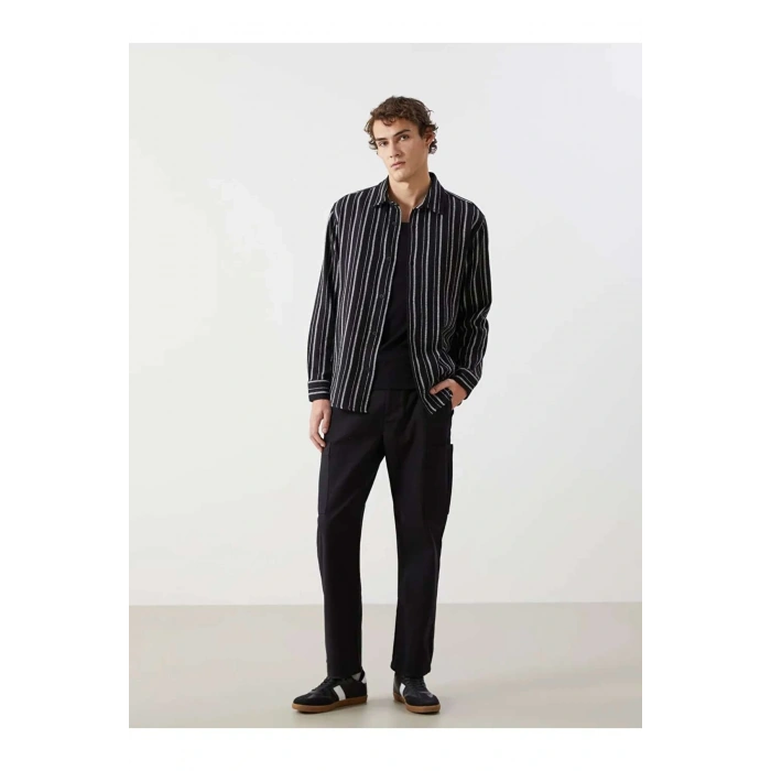 XSIDE Siyah Regular Fit Uzun Kollu Çizgili Erkek Gömlek