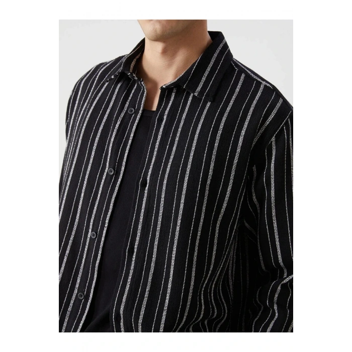 XSIDE Siyah Regular Fit Uzun Kollu Çizgili Erkek Gömlek