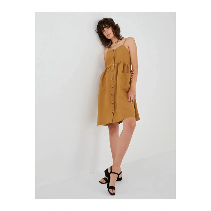 XSIDEBej Askılı Cep Detaylı Önden Düğmeli Kadın Elbise