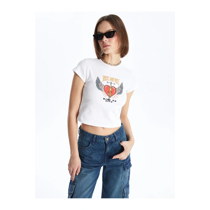 XSIDE Bisiklet Yaka Baskılı Kısa Kollu Crop Kadın Tişört