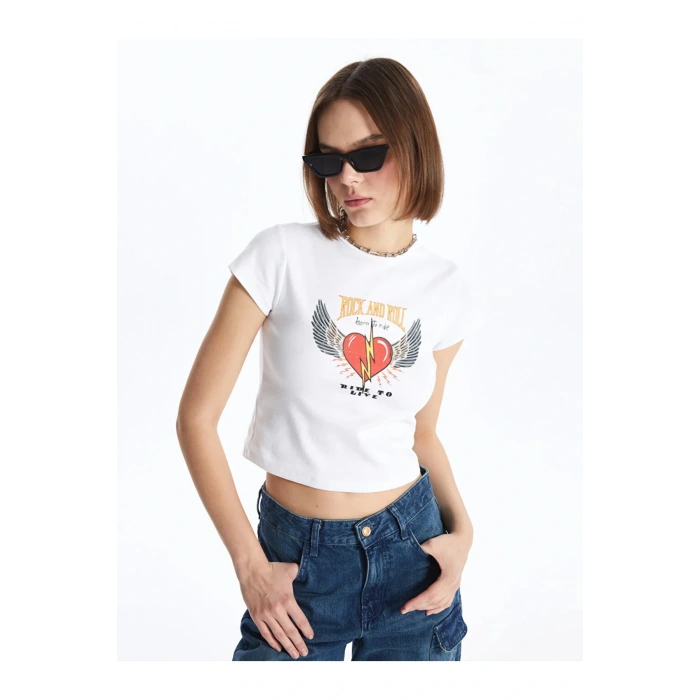 XSIDE Bisiklet Yaka Baskılı Kısa Kollu Crop Kadın Tişört