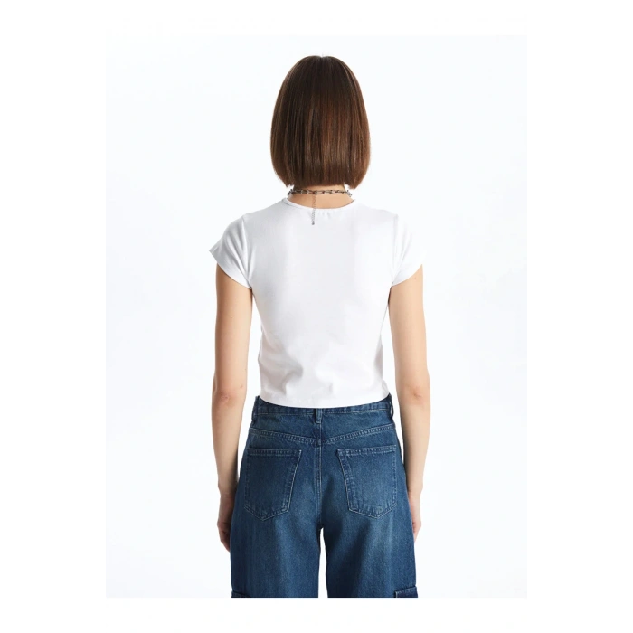 XSIDE Bisiklet Yaka Baskılı Kısa Kollu Crop Kadın Tişört