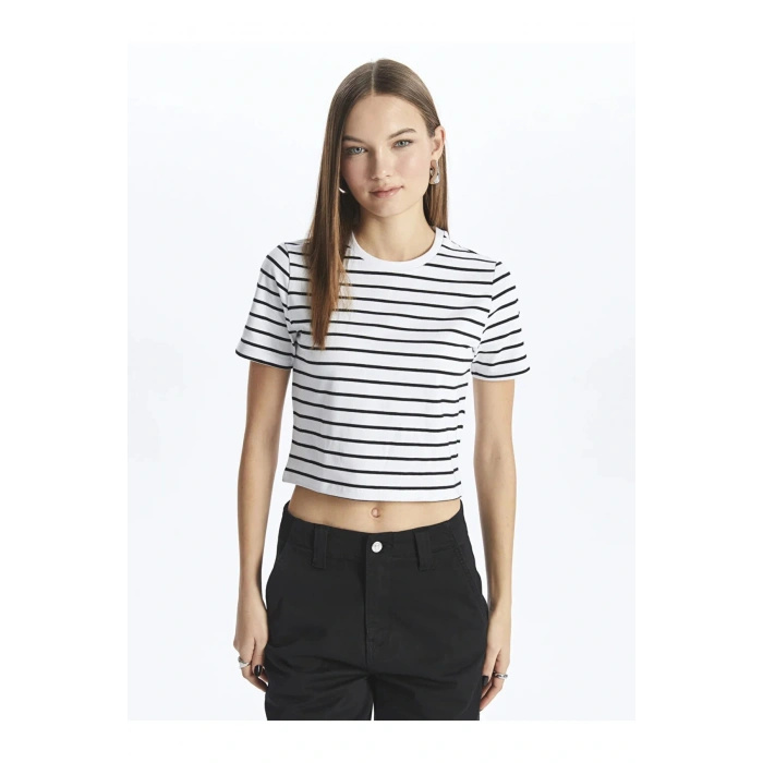 XSIDE Bisiklet Yaka Çizgili Kısa Kollu Kadın Crop