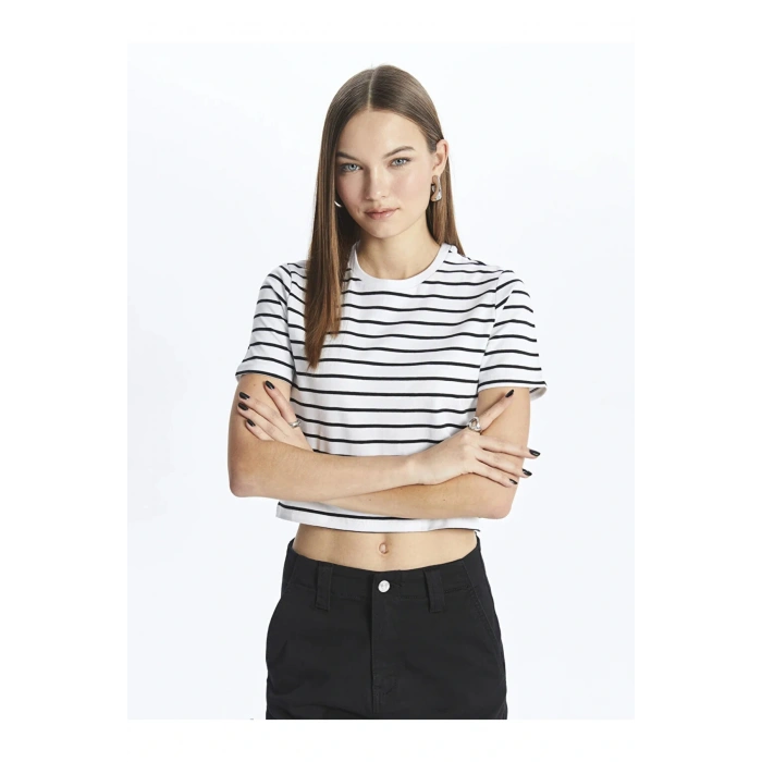 XSIDE Bisiklet Yaka Çizgili Kısa Kollu Kadın Crop