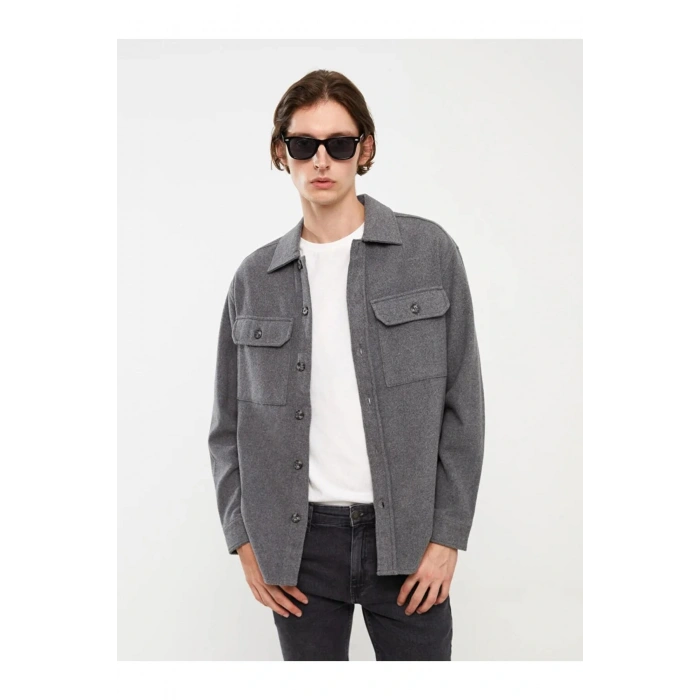 XSIDEGri Rahat Kalıp Uzun Kollu Erkek Oduncu Gömlek Ceket