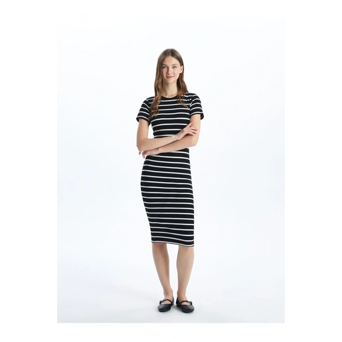 Yeni Sezon Bisiklet Yaka Cizgili Kadin Bodycon Elbise - S5GP52Z8