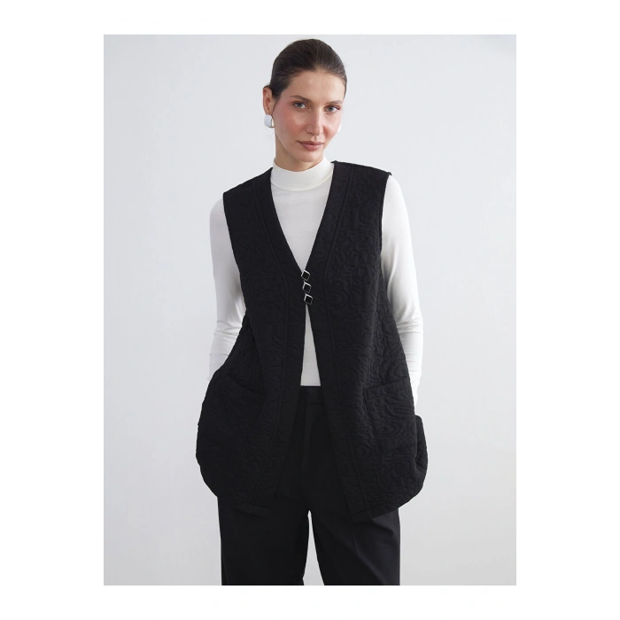 Yeni Sezon V Yaka Kendinden Desenli Kadın Yelek