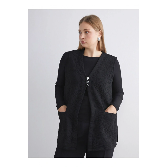 Yeni Sezon V Yaka Kendinden Desenli Kadın Yelek