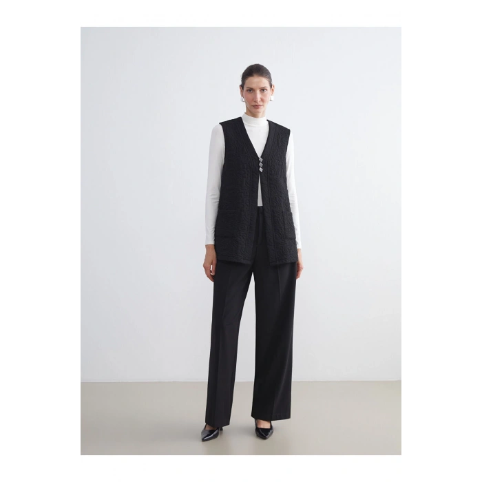 Yeni Sezon V Yaka Kendinden Desenli Kadın Yelek