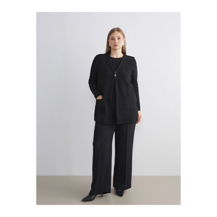 Yeni Sezon V Yaka Kendinden Desenli Kadın Yelek