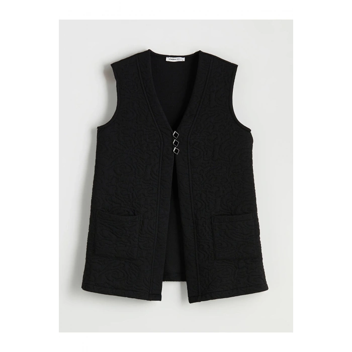 Yeni Sezon V Yaka Kendinden Desenli Kadın Yelek