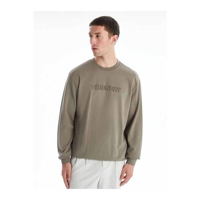 Yeşil Bisiklet Yaka Kabartmalı Erkek Sweatshirt