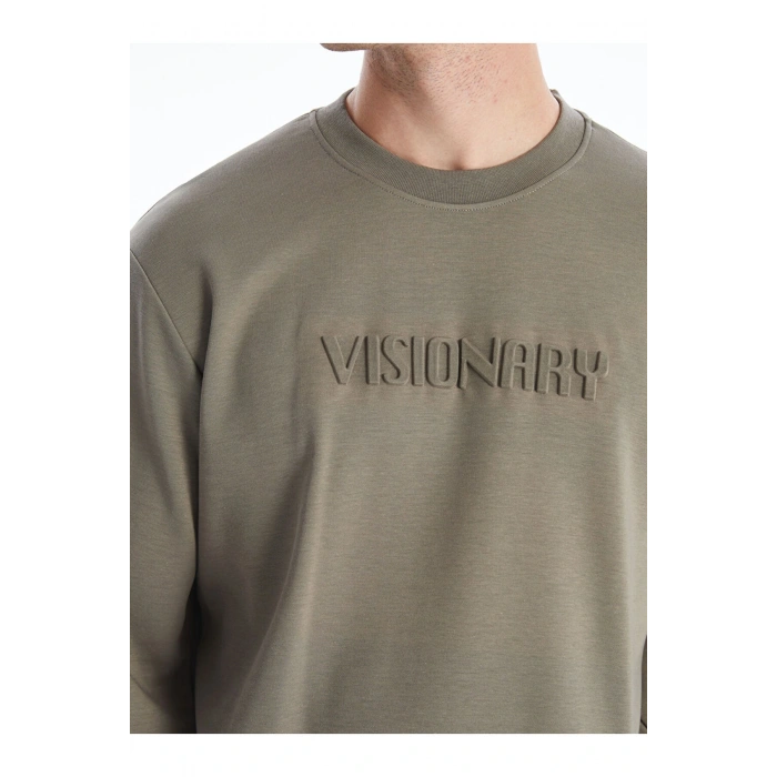 Yeşil Bisiklet Yaka Kabartmalı Erkek Sweatshirt