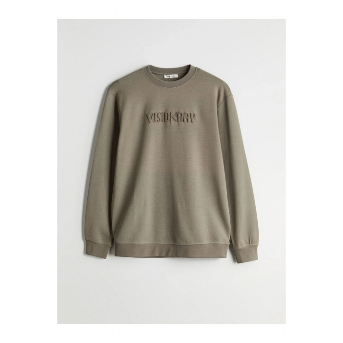 Yeşil Bisiklet Yaka Kabartmalı Erkek Sweatshirt