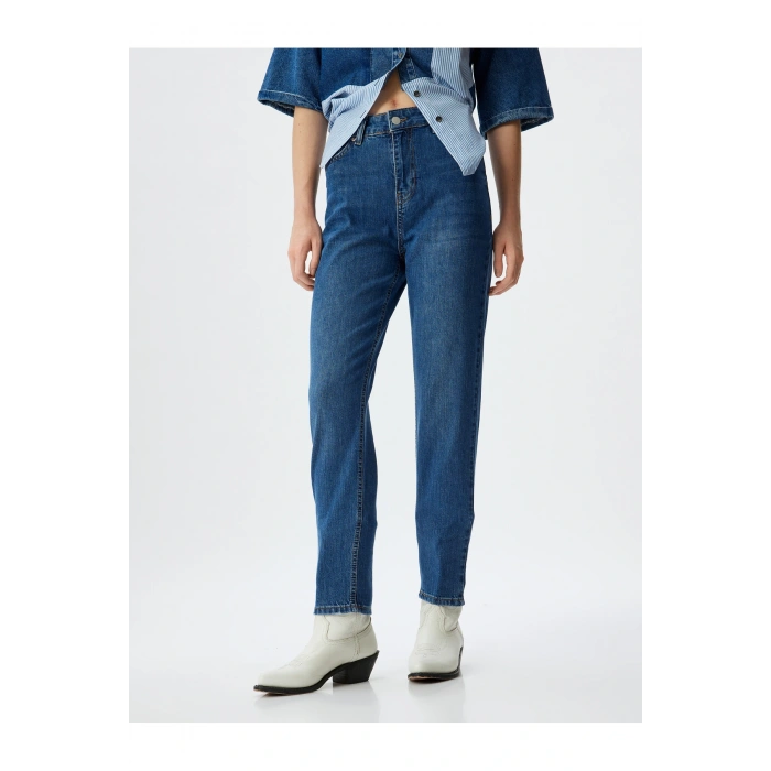 Yüksek Bel Kot Pantolon Düz Paça Düğmeli Cepli Pamuklu - Slim Straight Fit Jeans