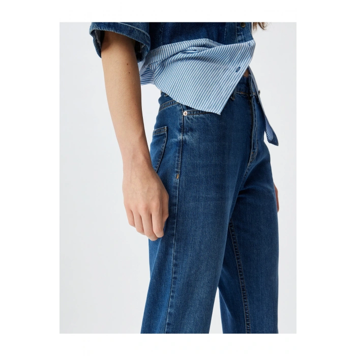 Yüksek Bel Kot Pantolon Düz Paça Düğmeli Cepli Pamuklu - Slim Straight Fit Jeans