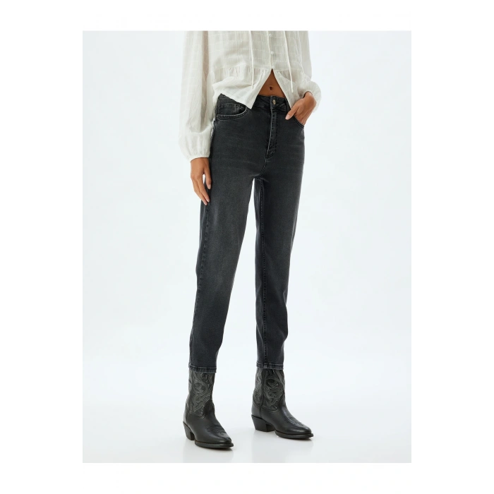 Yüksek Bel Kot Pantolon Slim Fit Düğmeli Pamuklu - Slim Fit Jean