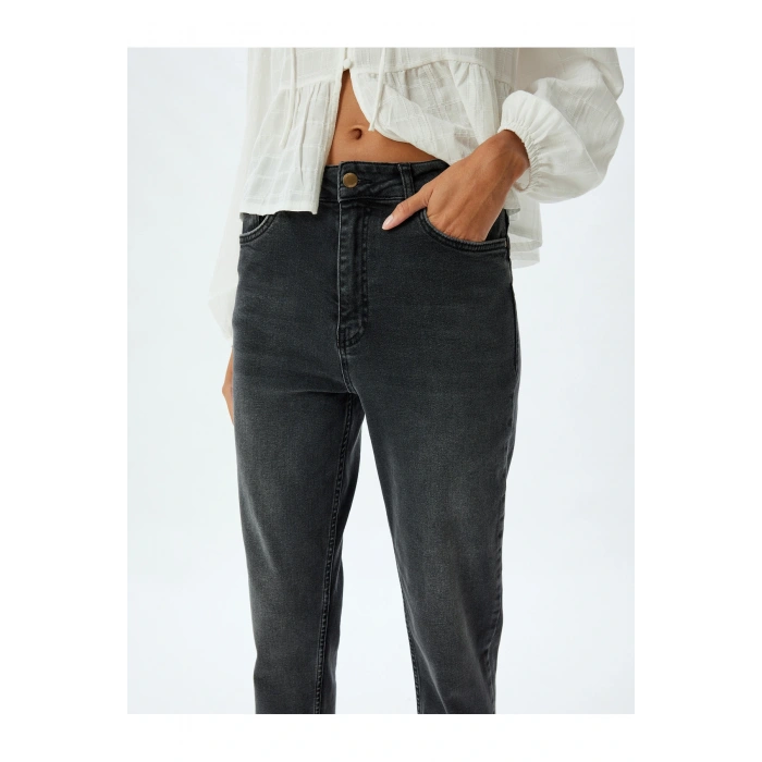 Yüksek Bel Kot Pantolon Slim Fit Düğmeli Pamuklu - Slim Fit Jean