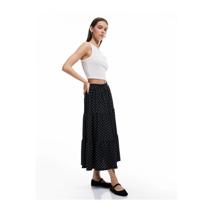 Yüksek Bel Volanlı Katlı Puantiyeli Midi Etek Bürümcük