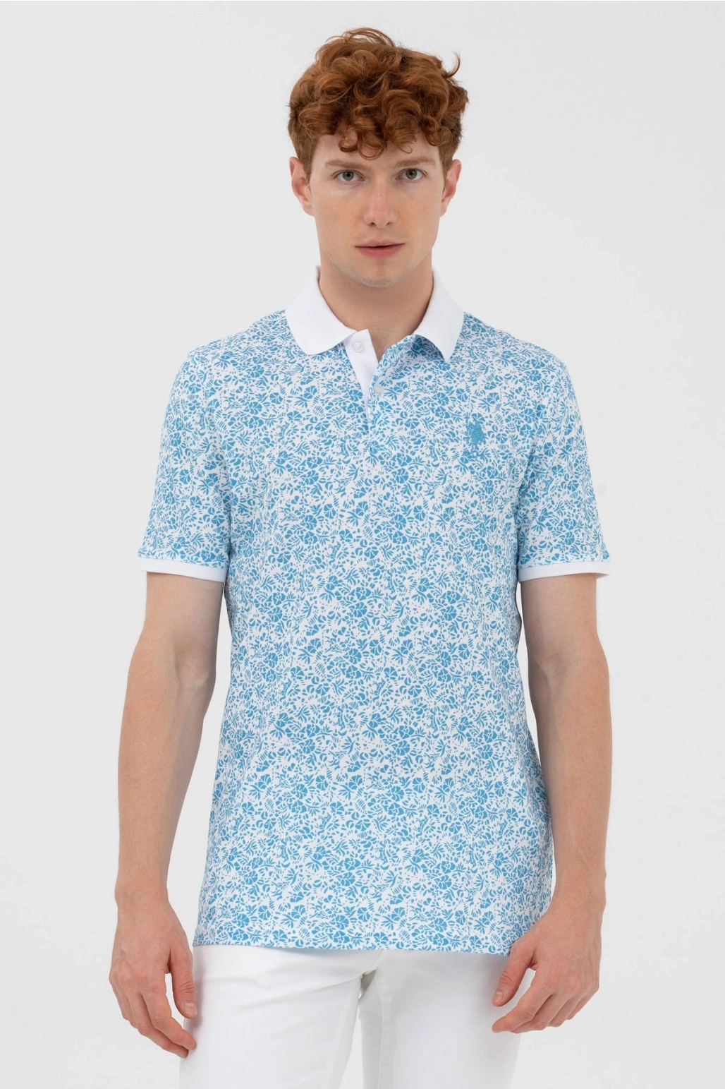 Erkek Dokuma Desenli Polo Yaka Turkuaz T-shirt