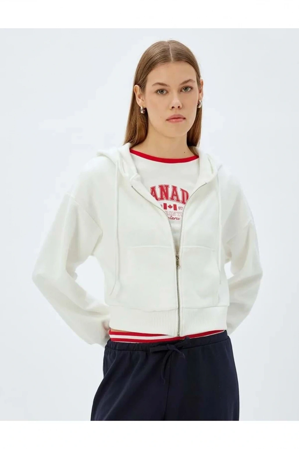 Crop Kapüşonlu Fermuarlı Sweatshirt 5WAK10056EK EKRU