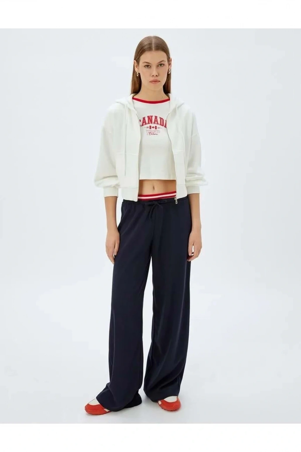 Crop Kapüşonlu Fermuarlı Sweatshirt 5WAK10056EK EKRU